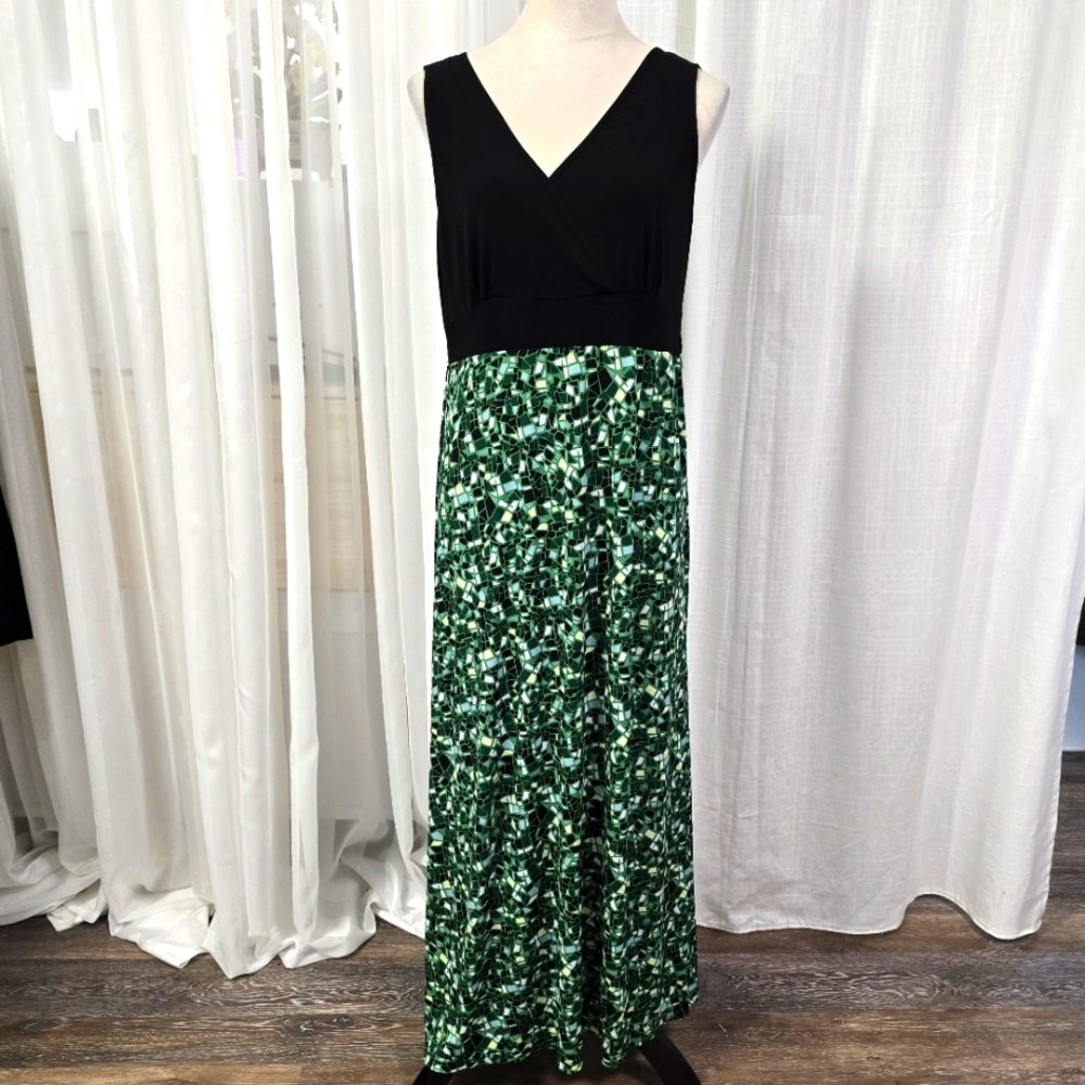 2/$30‎ Y2K Black & Green Geometric Print Babydoll Long Maxi Dress Sz L Phoebe